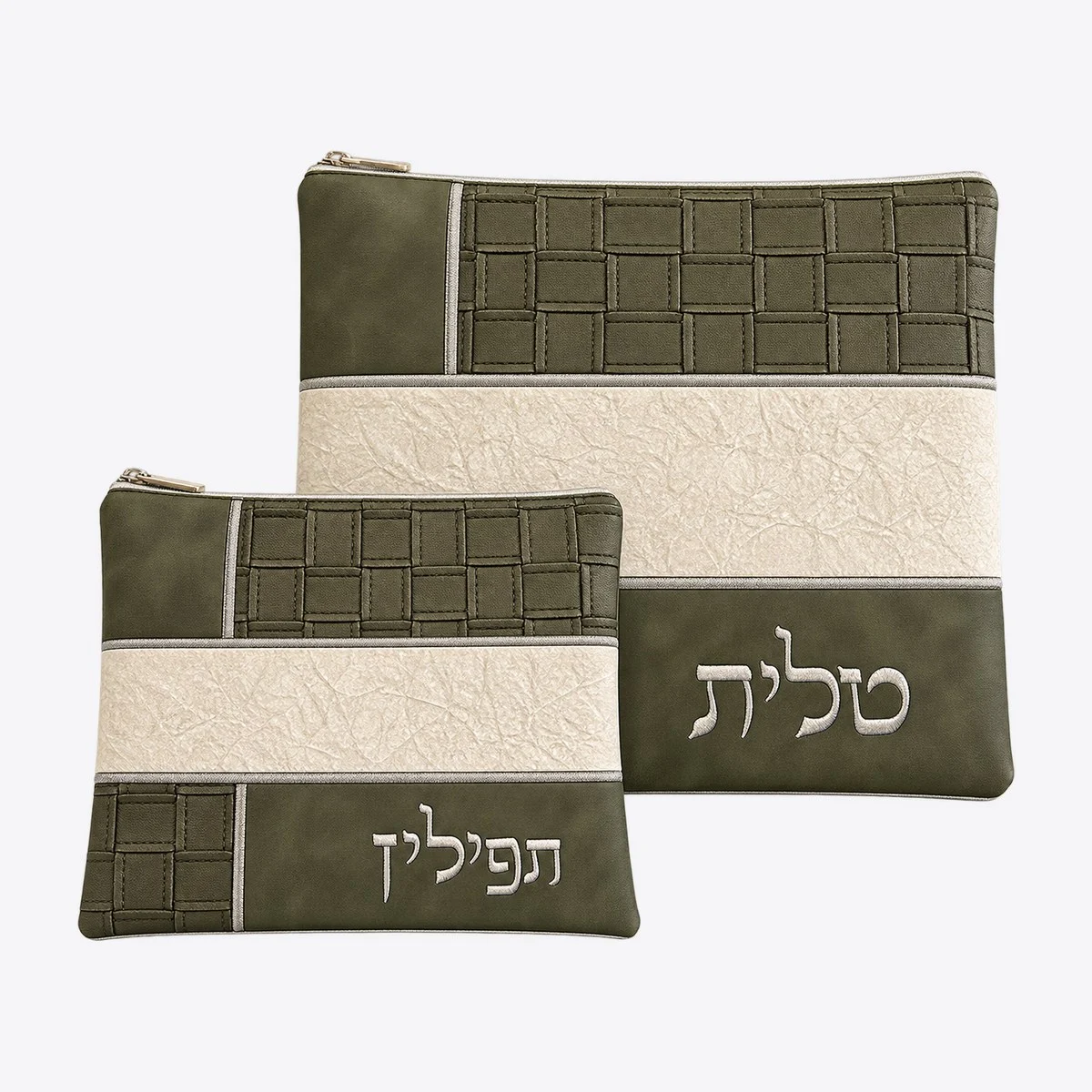 סט טלית ותפילין זית קלוע ושמנת